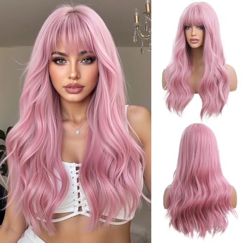 OUFEI 24 Inches Long Wavy Pink Wig for Women Natural Synthetic Hair Heat Resistant Wigs for Daily Party Cosplay Wear - Image 1