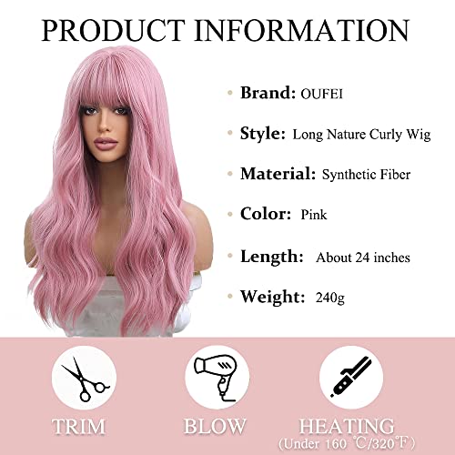 OUFEI 24 Inches Long Wavy Pink Wig for Women Natural Synthetic Hair Heat Resistant Wigs for Daily Party Cosplay Wear - Image 3