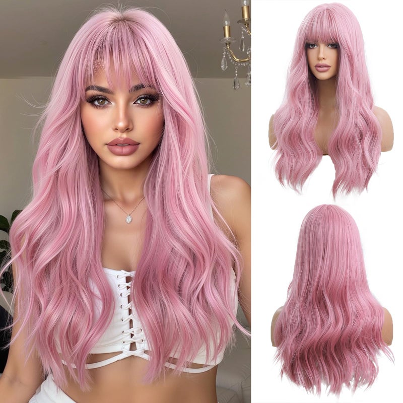 OUFEI 24 Inches Long Wavy Pink Wig for Women Natural Synthetic Hair Heat Resistant Wigs for Daily Party Cosplay Wear - Image 2