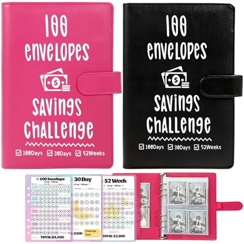 VAZOCA 2 Pack 100 Envelopes Money Saving Challenge Cash Budget Planner A5 Binder Savings Challenges Book Organizer Folder with 3 Tracker to Save 5050 and 2600 300 100 Prenumbered Pockets Black Red - Image 1