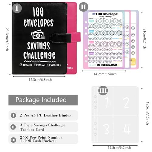 VAZOCA 2 Pack 100 Envelopes Money Saving Challenge Cash Budget Planner A5 Binder Savings Challenges Book Organizer Folder with 3 Tracker to Save 5050 and 2600 300 100 Prenumbered Pockets Black Red - Image 3