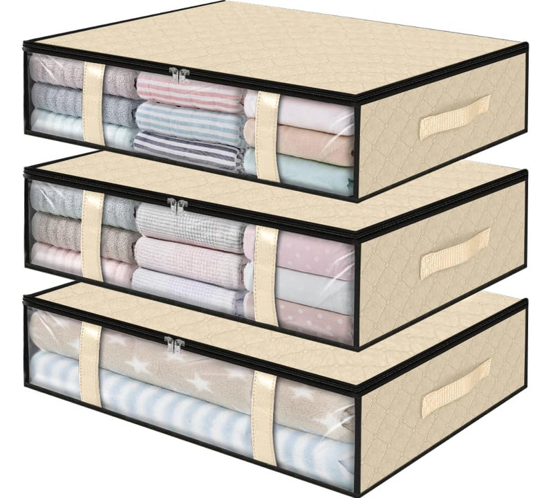 StorageRight Under Bed Storage Bags 3 Pack, 40L Large Clothes & Comforter Storage Containers with Clear Window, Breathable Fabric Organizer for Blankets, Bedding, Seasonal Clothing, Beige - Image 1