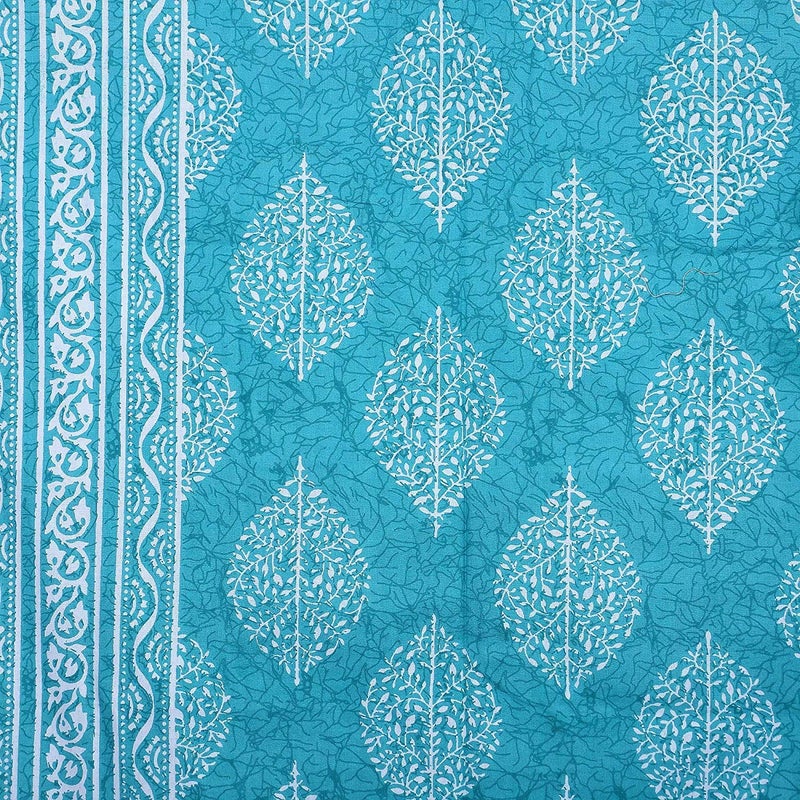 Doraya Queen Size Double Bed Sheet with Pillow Covers Pure Cotton Jaipuri Printed Bedcover Sea Blue - Image 3