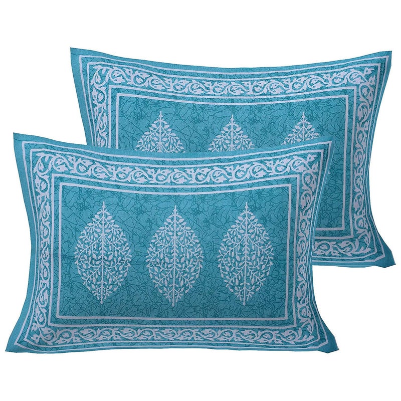 Doraya Queen Size Double Bed Sheet with Pillow Covers Pure Cotton Jaipuri Printed Bedcover Sea Blue - Image 2