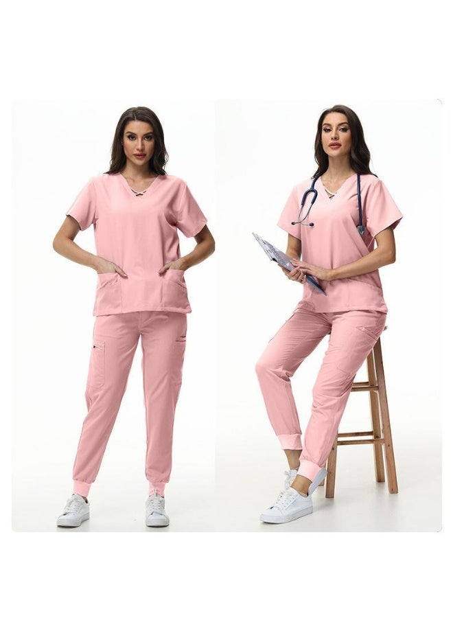 NIBEMINENT Scrubs Jogger Set Women Pet Hospital Doctor Uniform Solid Color Surgical Suits Multiple Pockets V-neck Dentist Clothes - Image 2