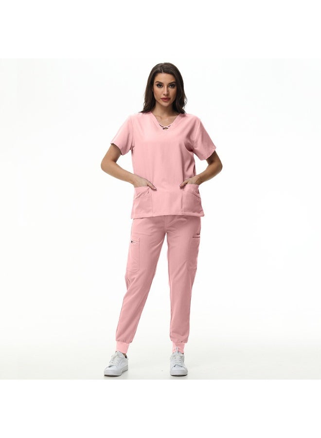 NIBEMINENT Scrubs Jogger Set Women Pet Hospital Doctor Uniform Solid Color Surgical Suits Multiple Pockets V-neck Dentist Clothes - Image 1