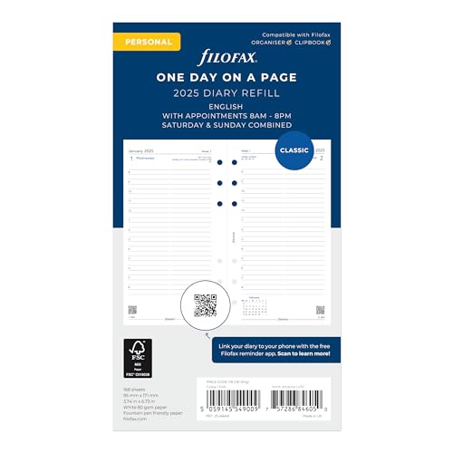 Filofax Calendar Diary Refill, Personal/Compact Size, Day on One Page with Appointments, Ruled, White Paper, English, 2025 (C68441-25) - Image 1