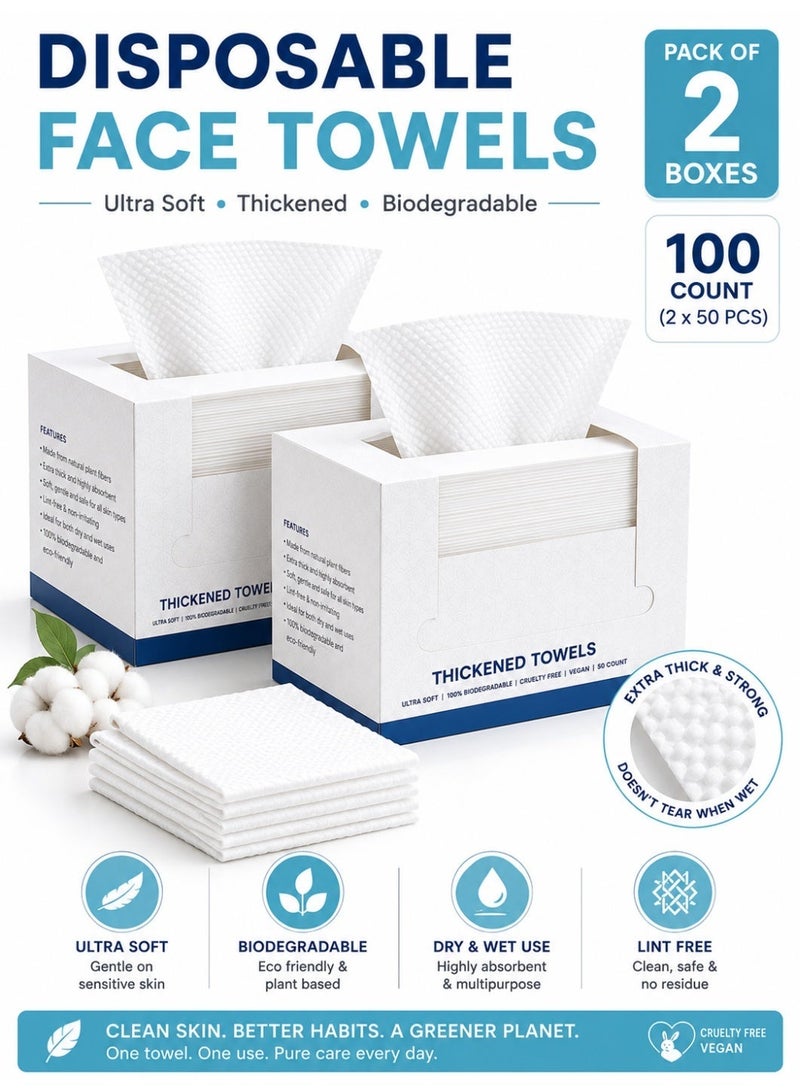 Eworld Disposable Facial Towels, Soft Thickened Dry & Wet Face Cleansing Towels, Biodegradable Single-Use Face Tissue for Sensitive Skin, Makeup Removal, Daily Skincare & Travel, 2 Boxes (100 Count) - Image 1