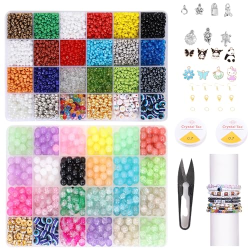 Ambitieux Bracelet Making Kit for Girls – 24 Compartment Glass & 24 Seed Bead Set with 600+ Glass Beads, 1000+ Seed Beads, 8 Charms, 2 Elastic Threads, Cutter & Accessories – DIY Jewellery Craft Kit for Kids - Birthday Gift for Girls 4 5 6 7 Years - Image 1