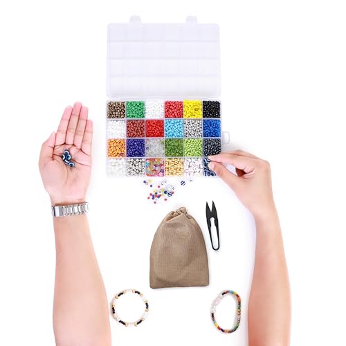 Ambitieux Bracelet Making Kit for Girls – 24 Compartment Glass & 24 Seed Bead Set with 600+ Glass Beads, 1000+ Seed Beads, 8 Charms, 2 Elastic Threads, Cutter & Accessories – DIY Jewellery Craft Kit for Kids - Birthday Gift for Girls 4 5 6 7 Years - Image 4