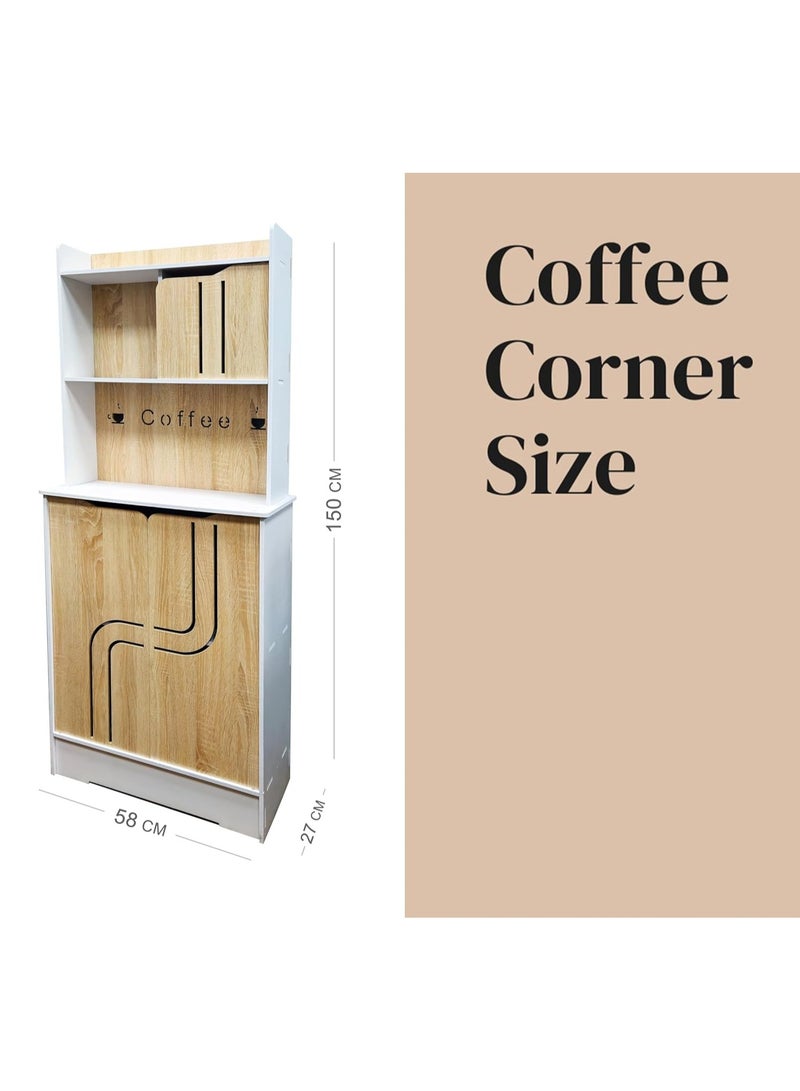 TPGP Coffee Corner || Coffee Table || Coffee Bar for living room, Kitchen, dining room and Office, Coffee machine stand with cabinet storage Size 58x27x150 cm (Made Of Foam plastic) (White And Wooden) - Image 2