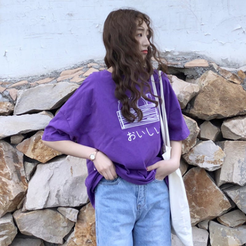 Purple Short-Sleeved T-Shirt for Women 2025 New Summer Korean Style Loose Large Size Printed Student Versatile Top Women's Clothing - Image 2