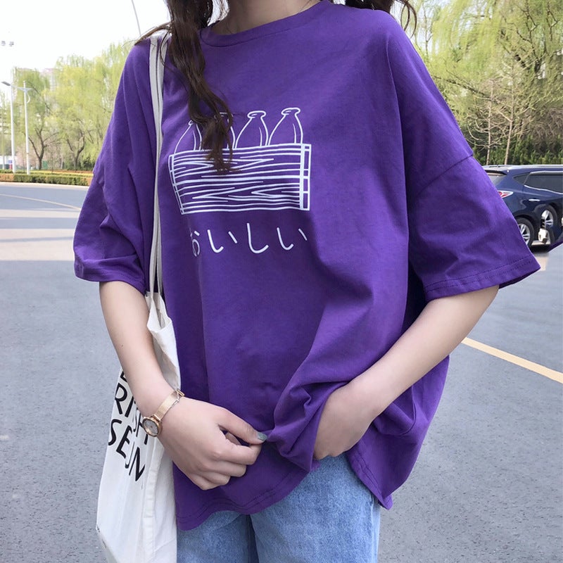 Purple Short-Sleeved T-Shirt for Women 2025 New Summer Korean Style Loose Large Size Printed Student Versatile Top Women's Clothing - Image 3