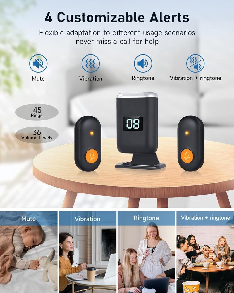 Caregiver Pager Wireless Call Button for Seniors, Panic Button for Elderly with 1000FT Range, No Monthly Fee, Home Alert System with LED Display, Vibration & Ringtone Options - Image 3