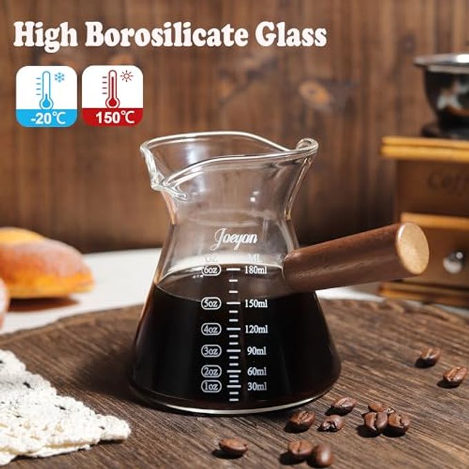 Joeyan 6 oz Glass Measuring Cup with Double Spouts,Clear Borosilicate Espresso Shot Glasses with Wooden Handle,Milk Creamer Frothing Pitcher Barista Coffee Carafe - Image 5