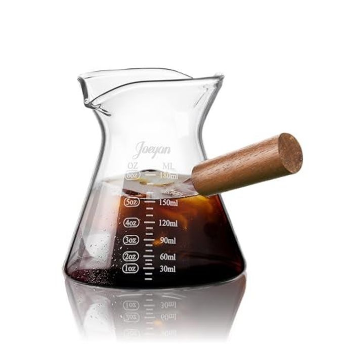 Joeyan 6 oz Glass Measuring Cup with Double Spouts,Clear Borosilicate Espresso Shot Glasses with Wooden Handle,Milk Creamer Frothing Pitcher Barista Coffee Carafe - Image 4