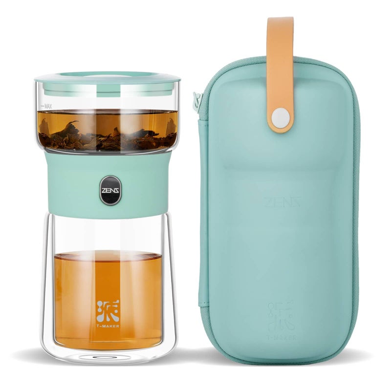 ZENS Modern Glass infuser Teapot, Small One Touch Tea Maker for Loose Tea Diffusers with 200ml Insulated Cup and Blue Portable Carry Case, Magic Gongfu Tea Pot for Tea Lovers Gifts - Image 1