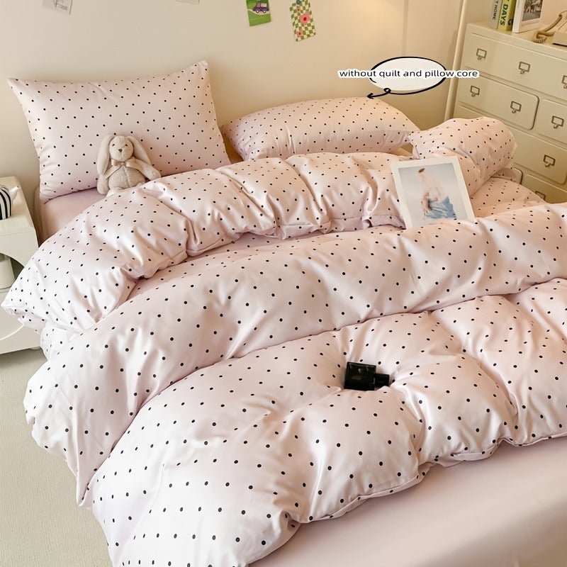 Black Polka Dot Print Bedding 3pcs Set Beige Duvet Cover And Pillowcases (Filling Not Included) - Image 1