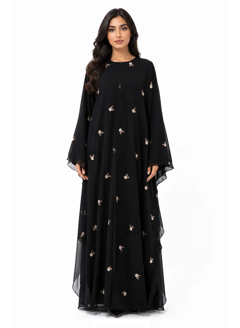 عباءات ريم Batwing Sleeve Sheer All over Embroidered Abaya with Matching Sheila