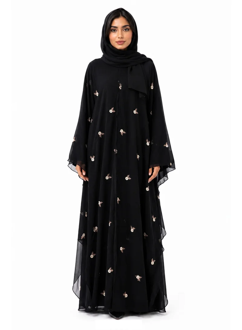 عباءات ريم Batwing Sleeve Sheer All over Embroidered Abaya with Matching Sheila