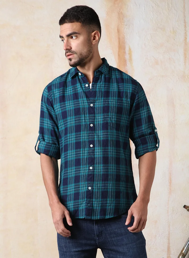HIGH STAR Men Comfort Fit Spread Collar Tartan Checked Cotton Casual Shirt