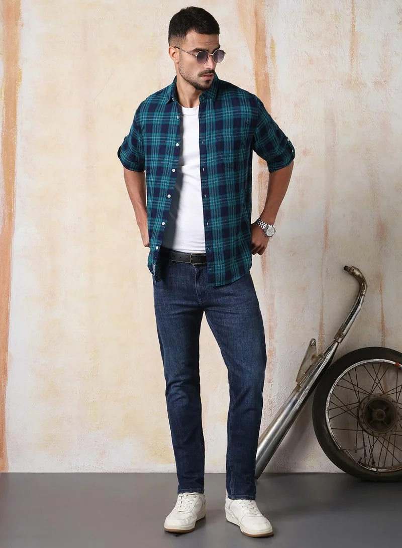 HIGH STAR Men Comfort Fit Spread Collar Tartan Checked Cotton Casual Shirt