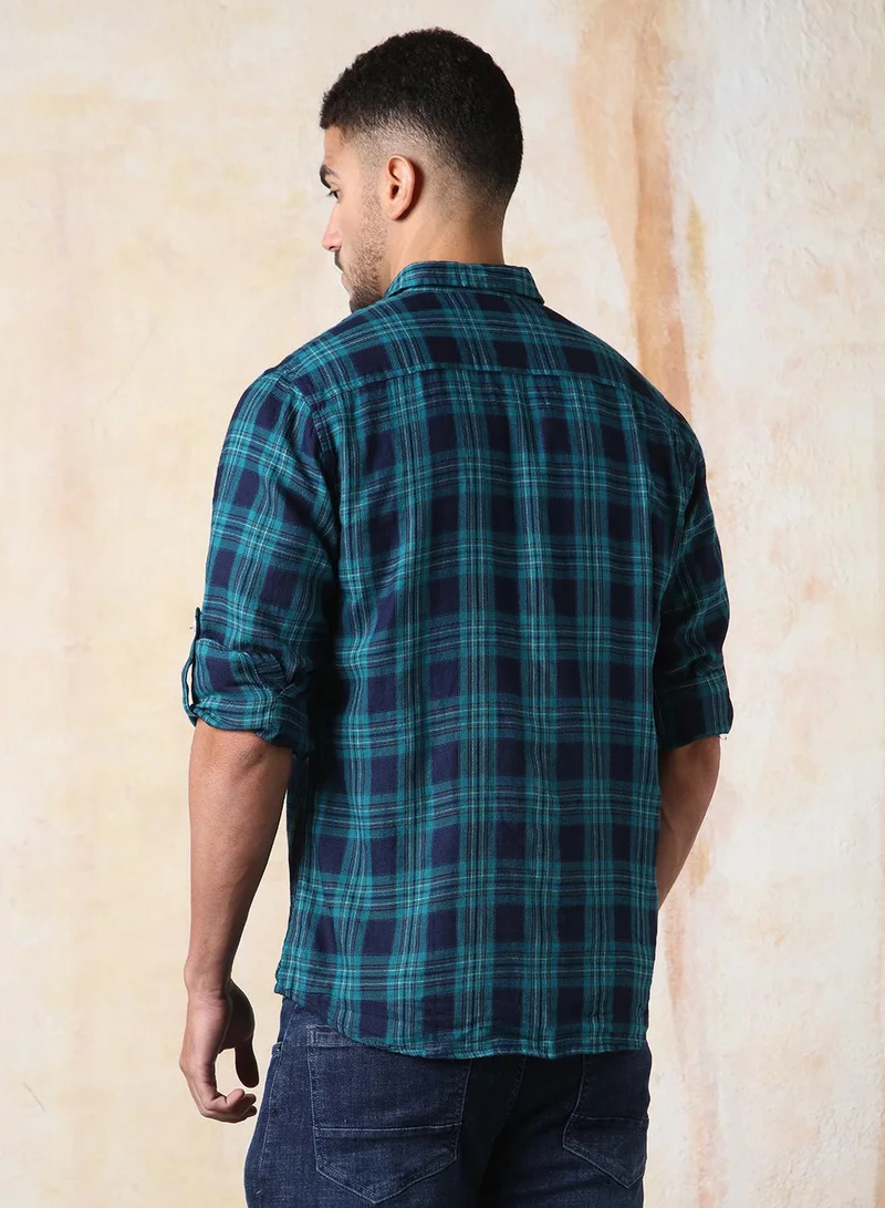 HIGH STAR Men Comfort Fit Spread Collar Tartan Checked Cotton Casual Shirt