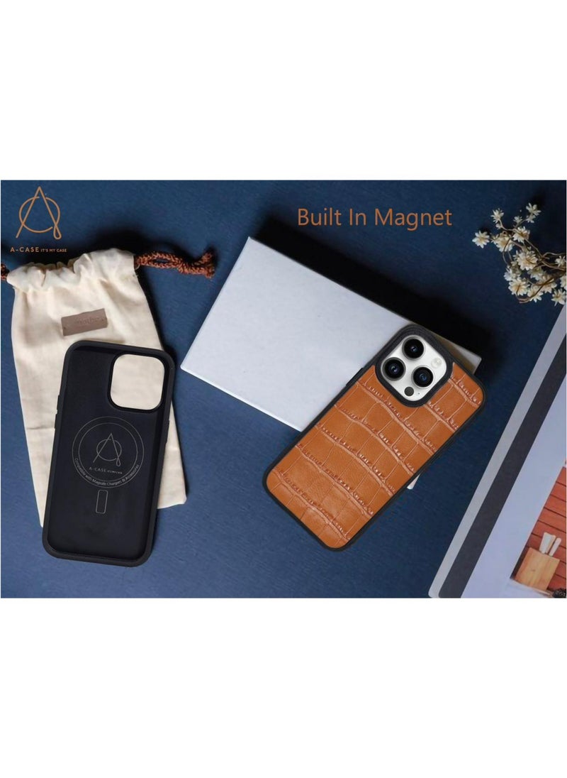 A-CASE - A-Case It's My Case Javan Series Fashion Genuine Leather Magnetic Case for iPhone 15 Pro Max, Supports Mag-Safe Wireless Charging Case Cover MagSafe compatible with iPhone 15 Pro Max - Leather Brown - Image 1
