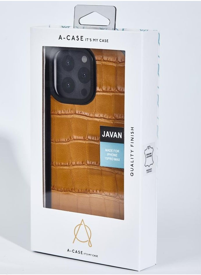 A-CASE - A-Case It's My Case Javan Series Fashion Genuine Leather Magnetic Case for iPhone 15 Pro Max, Supports Mag-Safe Wireless Charging Case Cover MagSafe compatible with iPhone 15 Pro Max - Leather Brown - Image 1
