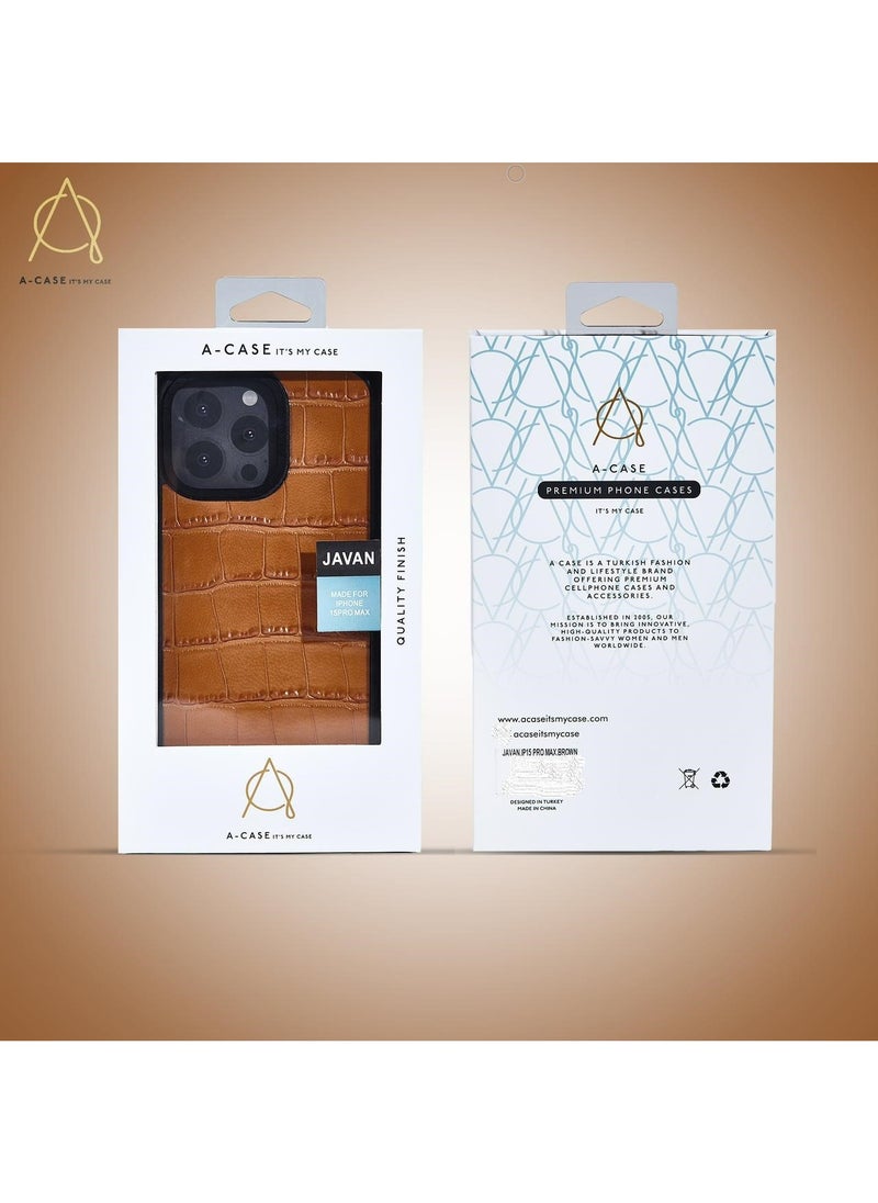 A-CASE - A-Case It's My Case Javan Series Fashion Genuine Leather Magnetic Case for iPhone 15 Pro Max, Supports Mag-Safe Wireless Charging Case Cover MagSafe compatible with iPhone 15 Pro Max - Leather Brown - Image 1