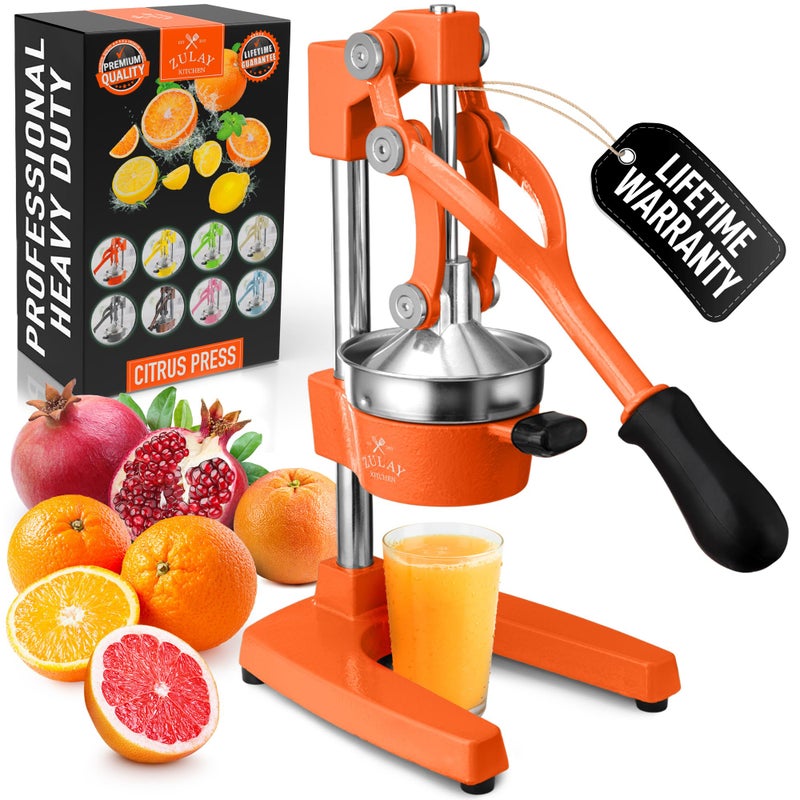 Zulay Kitchen Cast Iron Juicer - Easy-to-Clean Heavy-Duty Manual Juicer, Professional Citrus Juicer - Stainless Steel Lemon Squeezer - Manual Citrus Press & Orange Squeezer - Orange Juicer (Orange) - Image 1
