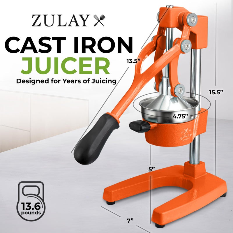 Zulay Kitchen Cast Iron Juicer - Easy-to-Clean Heavy-Duty Manual Juicer, Professional Citrus Juicer - Stainless Steel Lemon Squeezer - Manual Citrus Press & Orange Squeezer - Orange Juicer (Orange) - Image 2