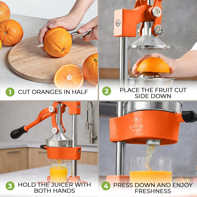 Zulay Kitchen Cast Iron Juicer - Easy-to-Clean Heavy-Duty Manual Juicer, Professional Citrus Juicer - Stainless Steel Lemon Squeezer - Manual Citrus Press & Orange Squeezer - Orange Juicer (Orange) - Image 4