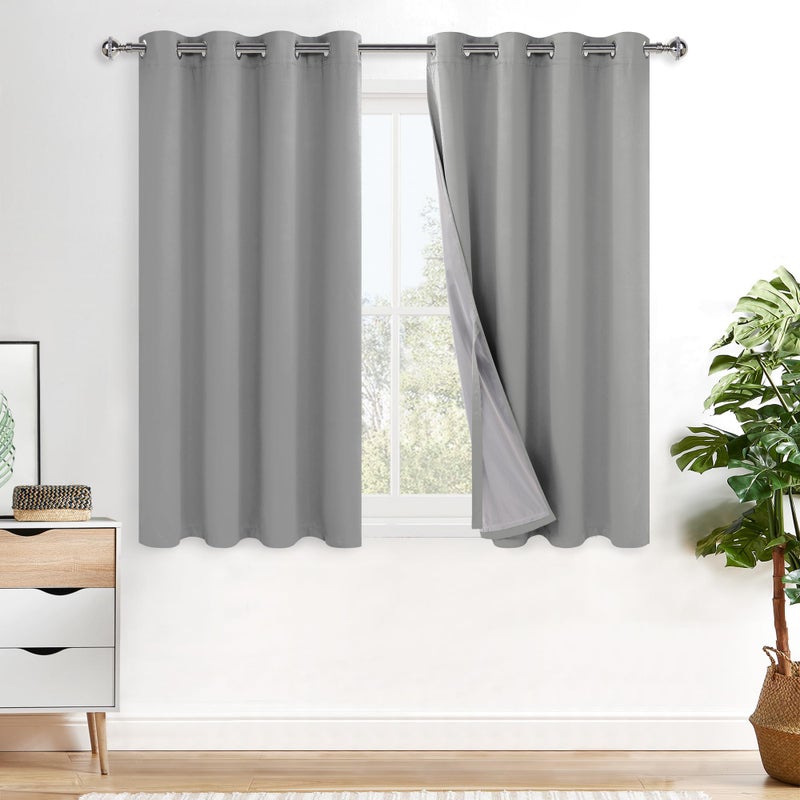 XWZO Full Shading Blackout Curtains 54 Inches Length with Tiebacks- Heat and Light Blocking Ring Top Window Drapes with Black Liner Backing for Bedroom/Kid's Room  Light Grey  W52 x L54  Set of 2 - Image 1