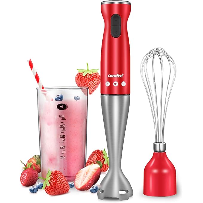 Comfee' Immersion Hand Blender, Brushed Stainless Steel, 2-Speed, Multipurpose Stick Blender with 200 Watts, 600ml Mixing Beaker and Whisk, Perfect for Baby Food, Smoothies, Sauces and Soups, Red - Image 1