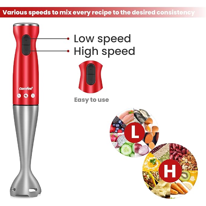 Comfee' Immersion Hand Blender, Brushed Stainless Steel, 2-Speed, Multipurpose Stick Blender with 200 Watts, 600ml Mixing Beaker and Whisk, Perfect for Baby Food, Smoothies, Sauces and Soups, Red - Image 2