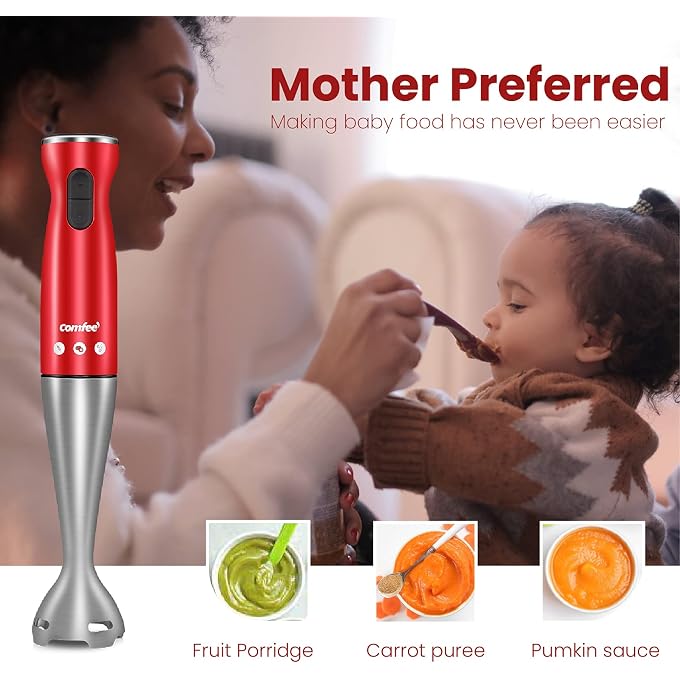 Comfee' Immersion Hand Blender, Brushed Stainless Steel, 2-Speed, Multipurpose Stick Blender with 200 Watts, 600ml Mixing Beaker and Whisk, Perfect for Baby Food, Smoothies, Sauces and Soups, Red - Image 3