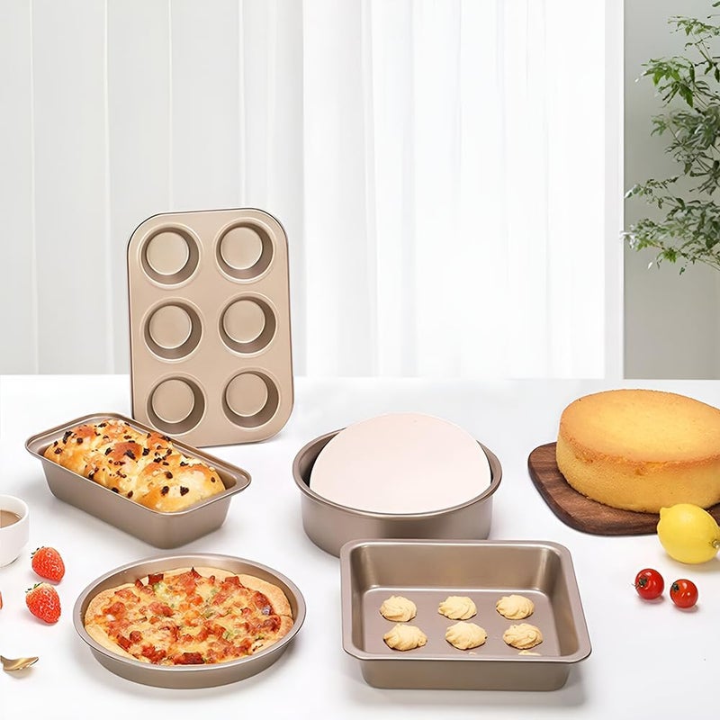 N.C 5 Pieces Bakeware Set, Carbon Steel Nonstick Baking Pans,Oven Set,With Springform Pan, 6-Cup Muffin Square Roasting Pizza Tray, Rectangular Toast Box, Kitchen Tools - Image 5
