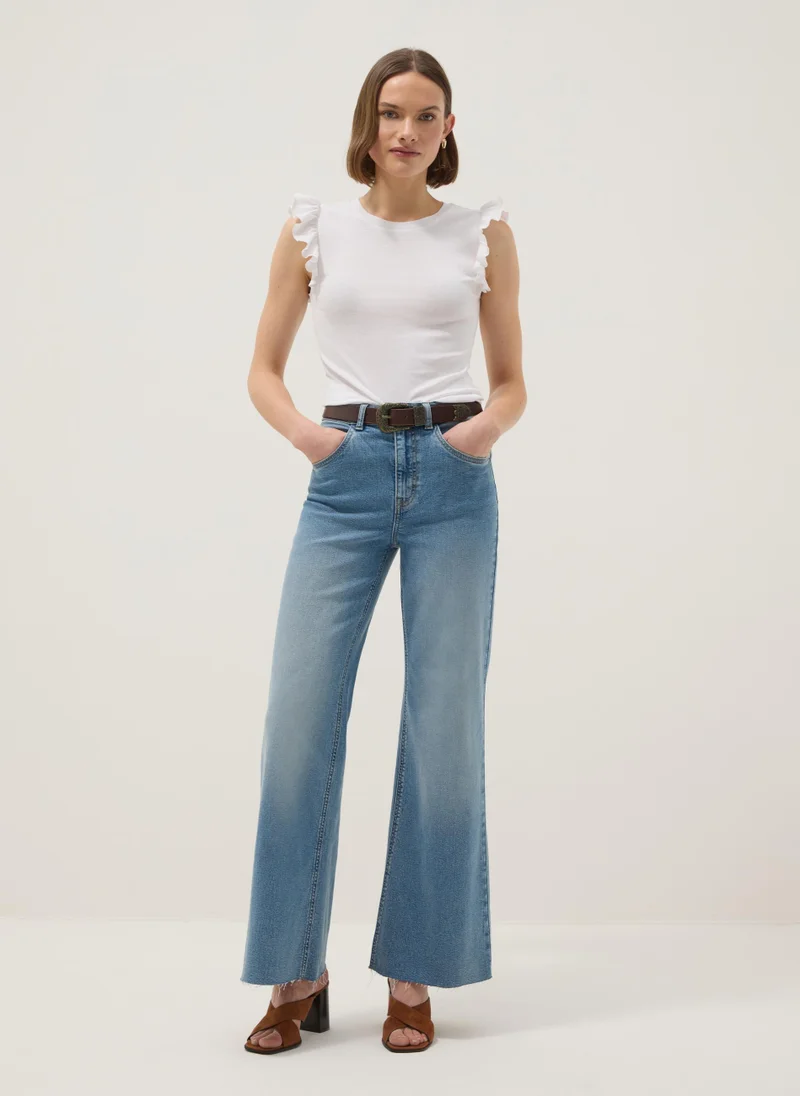 او في اس OVS White Pure Cotton Slim Fit T-Shirt With Ruffles
