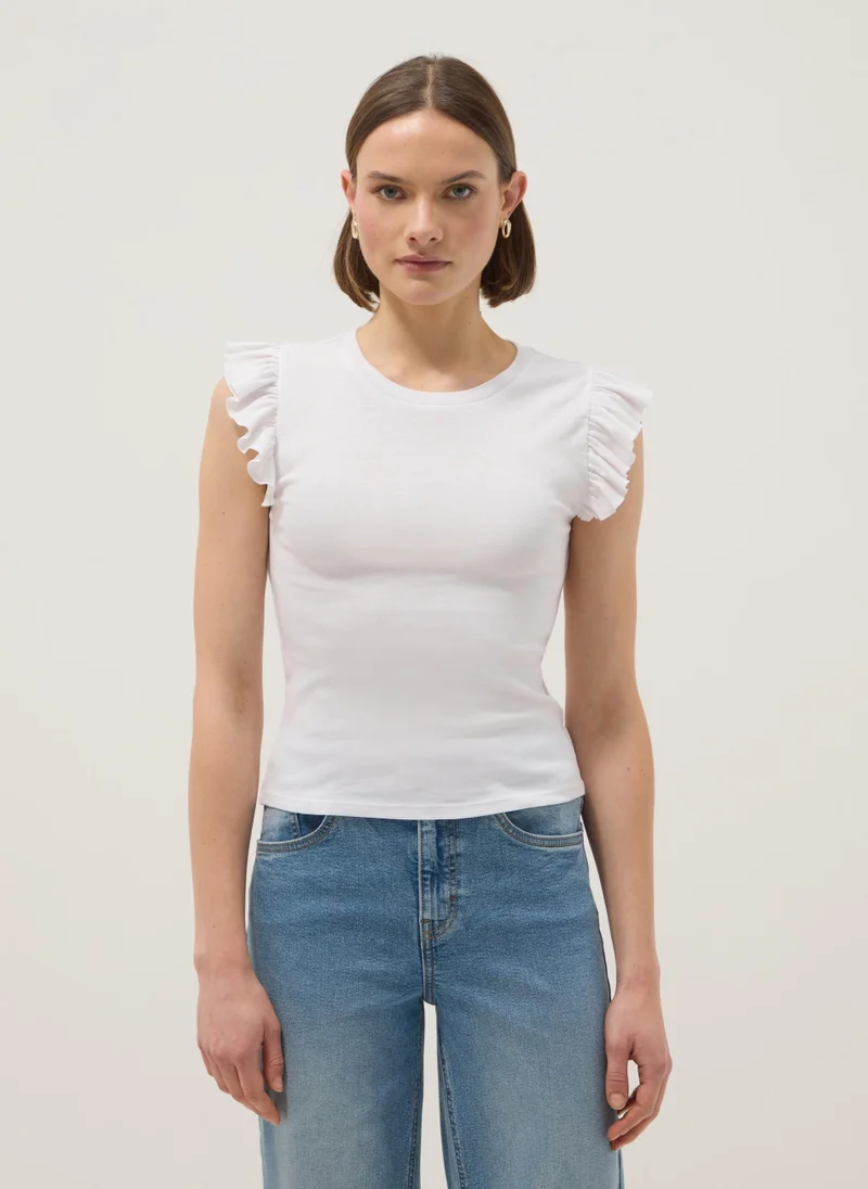 او في اس OVS White Pure Cotton Slim Fit T-Shirt With Ruffles