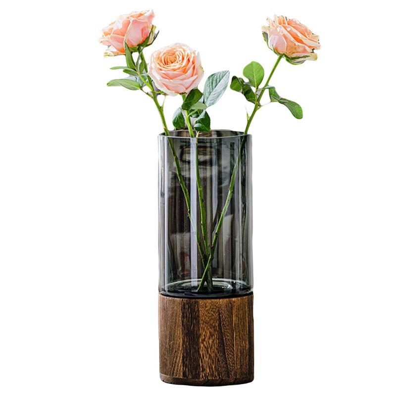 Valemoon Artistic Wood Glass Vase, 10" H, Wooden Base Cylindrical Flower Vase, Classic Boho Rustic Style for Fireplace Bedroom Kitchen Living Room Centerpieces Office Desk - Image 1