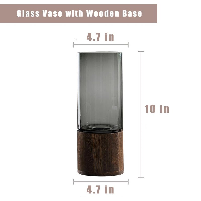 Valemoon Artistic Wood Glass Vase, 10" H, Wooden Base Cylindrical Flower Vase, Classic Boho Rustic Style for Fireplace Bedroom Kitchen Living Room Centerpieces Office Desk - Image 2