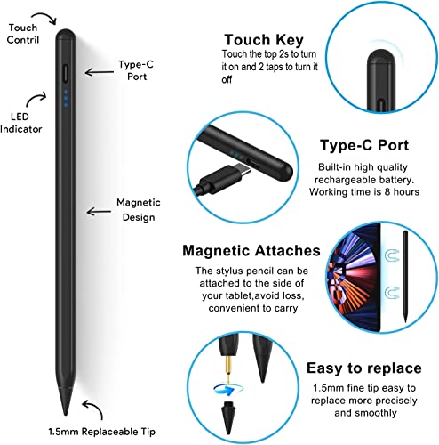TaIYanG Stylus Pen for iPad 2018-2026 with Palm Rejection, Faster Charge, Tilt Sensitivity iPad Pencil Compatible with A16 11/10/9/8/7/6, Pro M5/M4/12.9"/11", Air M4/M3/M2/5th/4th/3rd, Mini 6/5th (Black) - Image 5