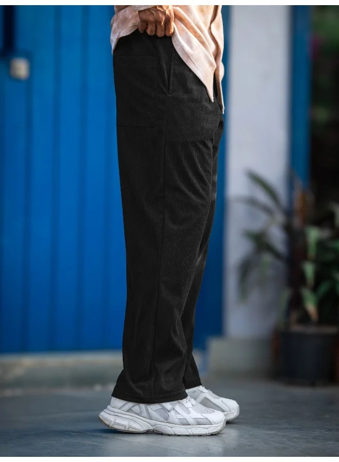 Maniac  Maniac Mens Solid Black Corduroy Fabric Trackpant for Men | Best Price UAE