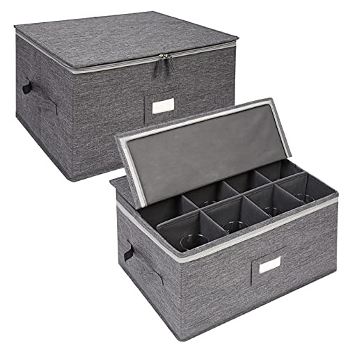 popoly Stemware Storage Containers (2 pack), Wine Glass Storage Box with Dividers for Glassware or Crystal, Holds 12 Red or White Wine Glasses, Hard Top and Stackable (Grey) - Image 1