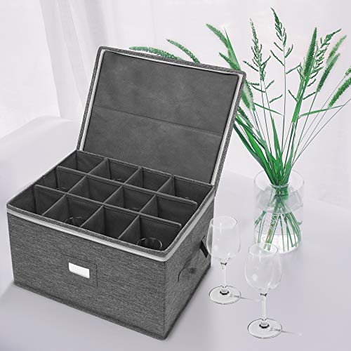 popoly Stemware Storage Containers (2 pack), Wine Glass Storage Box with Dividers for Glassware or Crystal, Holds 12 Red or White Wine Glasses, Hard Top and Stackable (Grey) - Image 2