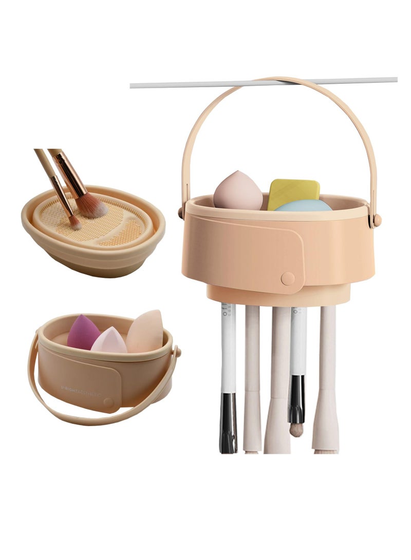 Excefore Makeup Brush Cleaner Mat, 3 in 1 Silicone Makeup Brush Cleaner Bowl with Brush Drying Holder, Cosmetic Brushes Cleaning Tool Organizer for Cleaning, Organizer And Upside Down Drying, Khaki - Image 1