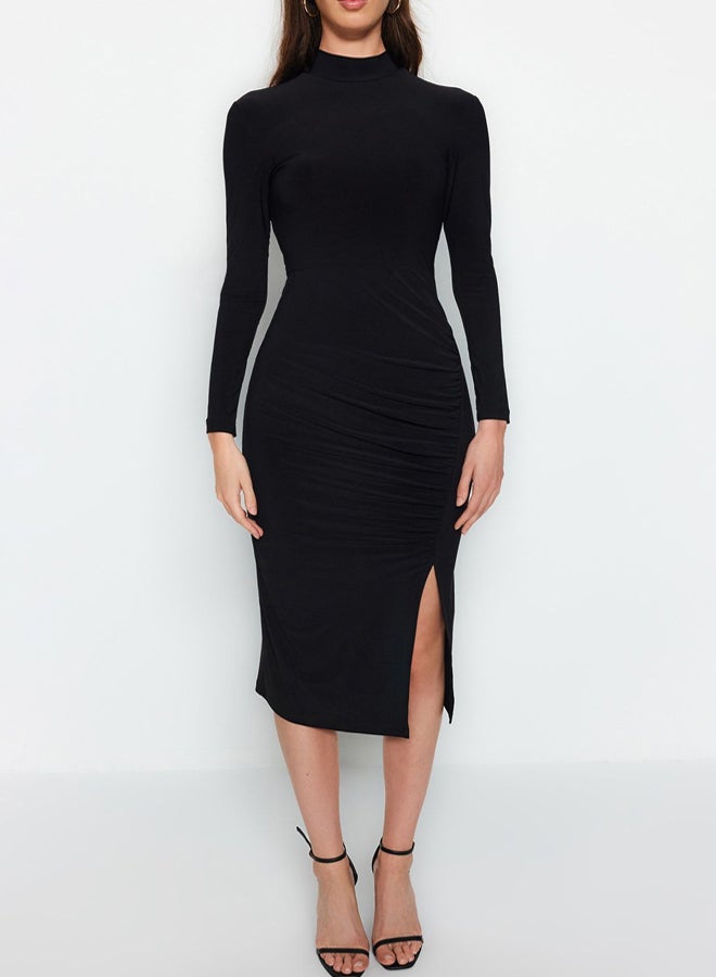 trendyol Black Drape Detailed Slit High Collar Fitted Flexible Midi Knitted Dress - Image 5