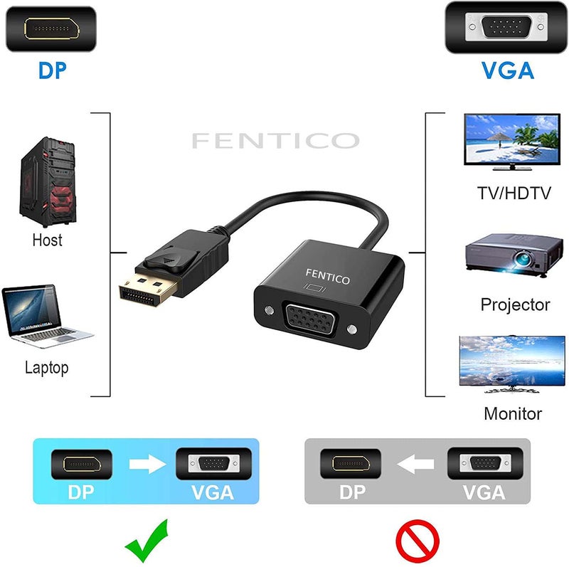 FENTICO FENTICO DisplayPort (DP) to VGA Adapter, Gold-Plated Display Port to VGA Adapter (Male to Female) Compatible with Computer, Desktop, Laptop, PC, Monitor, Projector, HDTV - Black (UNI-Directional) - Image 2