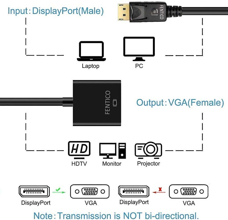 FENTICO FENTICO DisplayPort (DP) to VGA Adapter, Gold-Plated Display Port to VGA Adapter (Male to Female) Compatible with Computer, Desktop, Laptop, PC, Monitor, Projector, HDTV - Black (UNI-Directional) - Image 3